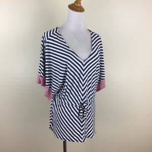 ELLA MOSS Anthropologie White Blue Pink Striped Drawstring Waist Batwing Shirt